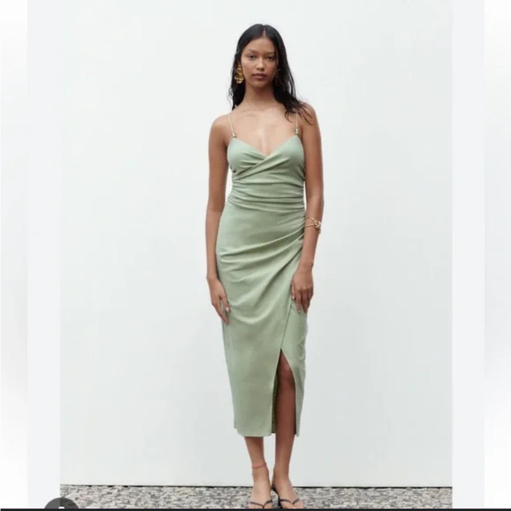 Zara Ruched Linen Blend Midi Dress Sea Green Size XS